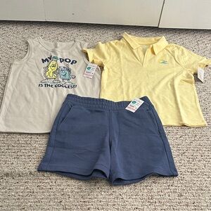 Yellow Polo Shirt, Graphic Tank, and Blue Shorts Set